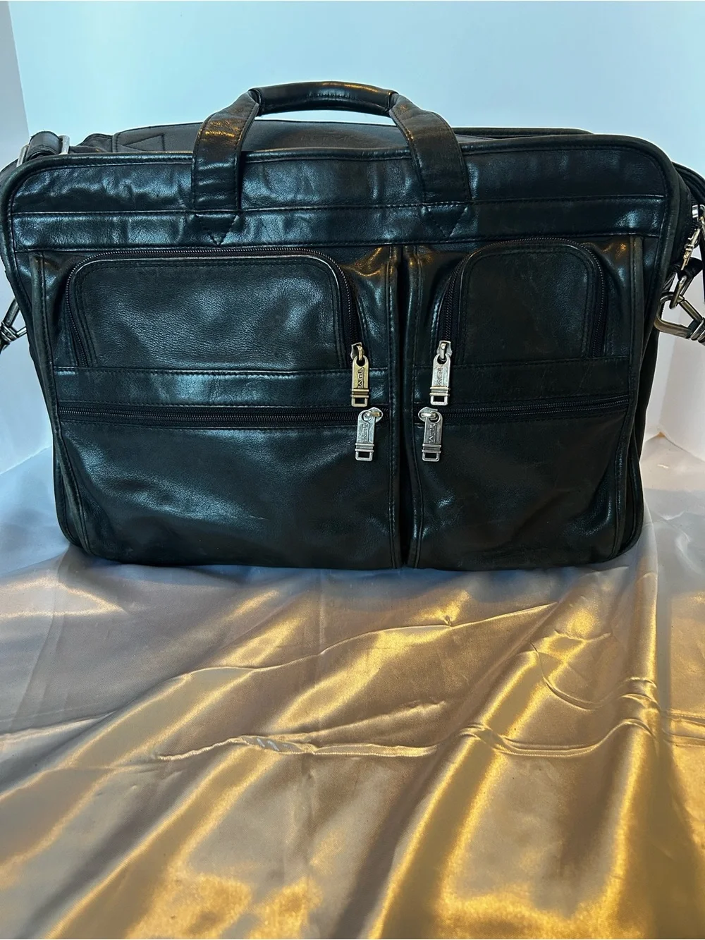 Vintage TUMI Black Leather Expandable Laptop Briefcase Organizer Luggage Tag